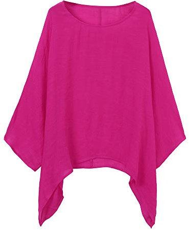 VEMOW Blusas Mujer Tops Damas de mujer Camisetas Casual Talla grande Algodón Lino suelto Blusas de color sólido Camisa(Rosa caliente,M)