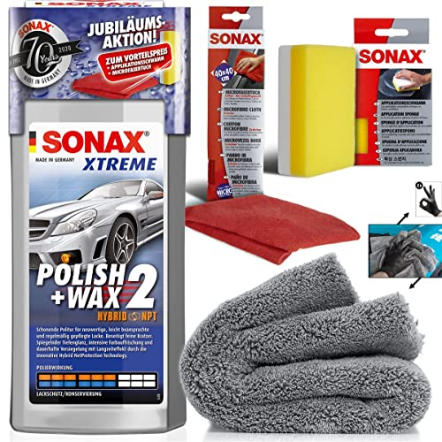 Detailmate Handpolitur Set: SONAX XTREME POLISH + WAX 2, 500ml + Mikrofasertuch + Apllikationsschwamm + ultraflausch Poliertuch + Schutzhandschuhe