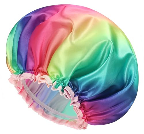 mikimini Große Duschhaube für Frauen mit langem Haar, doppelschichtig, wasserdicht, XL, wiederverwendbar, waschbar, weiche Regenbogen-Mode-Duschhaube, XL, 1 Stück