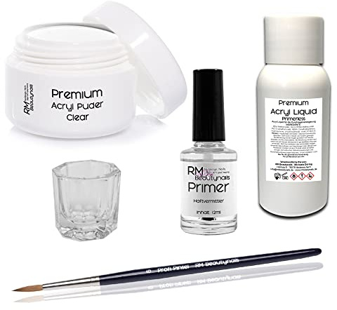 Acryl Set Nagelset Komplett Starter – Pulver, Liquid, Primer & Pinsel, Modellage für starke Nägel, Nail Art Studioqualität