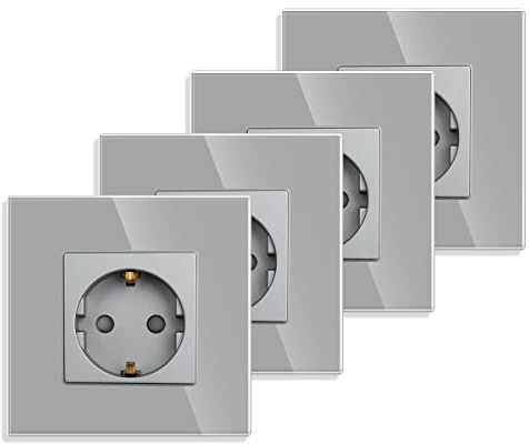 4 confezioni di JIMEIDA, presa singola grigia, 16A, in vetro, Schuko, presa da incasso, protezione di contatto, presa a muro - 86mm, 250V, 1 vano