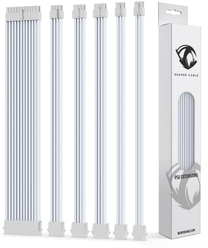 Reaper Cable Sleeved PSU Extension Set - Power Supply Extensions - 24 Pin/ 2x 8 Pin/ 2x 6 Pin/ 4+4 Pin - With Configurable Combs - 30cm (All White)