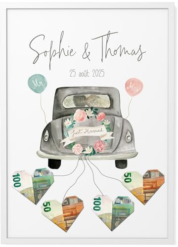 Papierschmiede® Personalisiertes Geldgeschenk zur Hochzeit | Alle Größen mit Rahmen | Hochzeitsgeschenk mit Namen für Brautpaar | Hochzeitskarte Geld Verpackung Idee Geschenk Bild Wedding Old Car