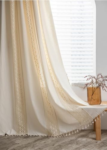 iyoimono Boho Vorhänge 2er Set Beige Vintage Vorhänge Landhausstil Häkeln Stricken Gardinen,Baumwolle Leinen Quaste Transluzente Verdunklung Gardinen für Küche Wohnzimmer Schlafzimmer,B150×H240cm