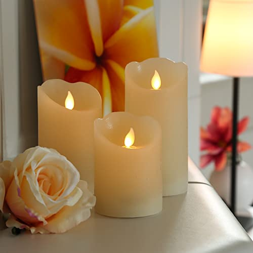 MARELIDA LED Kerzenset in rustikaler Oberfläche Stumpenkerzen mit beweglicher Flamme Twinkle Echtwachs Kerzen Rustik-Optik mit Fernbedienung Creme 3er Set