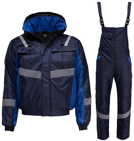 BWOLF Set abbigliamento da lavoro uomo invernale giacca e salopette antivento impermeabili caldo cappuccio, Blu, S