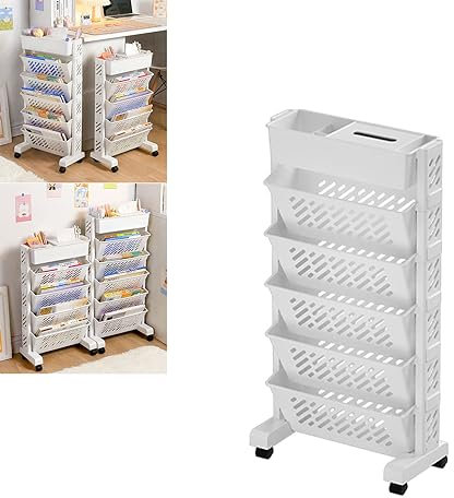 Herfair Mobiles Bücherregal mit Rollen,Beweglicher Bücherregalwagen,Bücherregal-Organizer,Schreibtisch Organizer Tisch Seiten Aufbewahrungskorb Wagen für Schule Klassenzimmer (5+1)