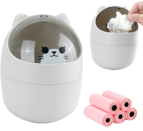 IBEQUEM Mini Trash Can, Cute Small Trash Can with Lid, Desktop Paper Bin with 5 Rolls of Bin Liners, Portable Tabletop Dustbin, Cartoon Rubbish Storage for Office Bedroom Desk Car Kitchen (Grey)