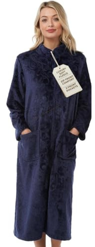 Lady Olga Robe de chambre de luxe à fermeture éclair pour femme, veste de lit en polaire au toucher peluche, vêtements de nuit pour femme, peignoir long et manteau d'intérieur, taille 38-52, bleu