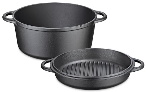 KÜCHENPROFI Schmortopf BBQ 5L, Gusseisen schwarz, 26 cm, Grilldeckel | Bräter, emailliertes Gusseisen, für Grill, Feuerschale, Backofen, alle Herdarten, inkl. Grillpfannen-Deckel