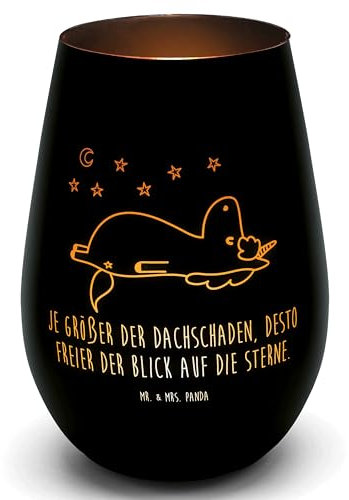 Mr. & Mrs. Panda Gold Windlicht Einhorn Sternenhimmel - Geschenk, Windlicht Gravur, Teelicht aus Glas, Einhorn Deko, Dachschaden, Unicorn, Graviertes