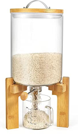 Rice Dispenser Flour And Cereal Container, Wood Stand and Measuring Cup Set - Airtight Rice Storage Container for Perfect Kitchen Organization - 5L/8L