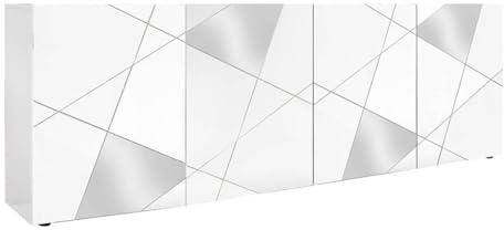 AltoBuy Oriana - Buffet 4 Portes Finition Blanc Laqué Weiss avec Sérigraphies et Miroirs