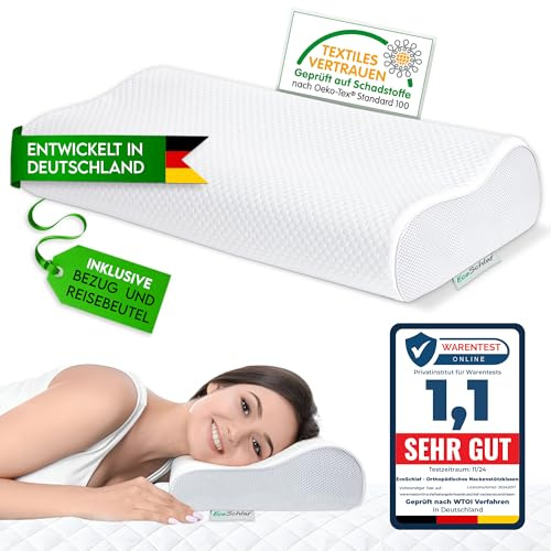 EcoSchlaf Ergonomisches Kissen I Nackenkissen aus Soft Memory Foam (Weiß) | Premium Nackenstützkissen I Seitenschläferkissen (für alle Schlaftypen) I Ergonomisches Kopfkissen I Höhenverstellbar