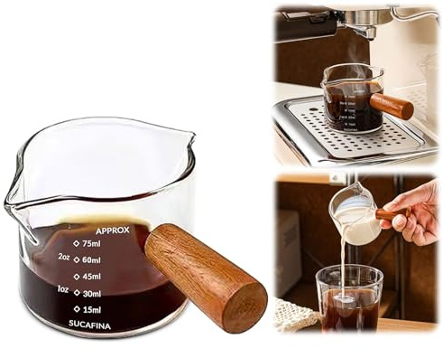 Lot de 2 tasses à expresso avec poignée en bois, accessoires à expresso en verre transparent, bec verseur avec double échelle, verre à shot expresso avec bec en forme de V, 100 ml (double bec)