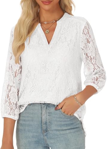 AIMCOO Lace Tops for Women Dressy Casual 3/4 Length Sleeve V Neck Blouses Sexy Elegant Eyelet Shirt Tunics Spring Summer White Medium