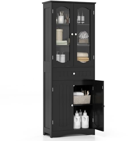 COSTWAY Armadietto Salvaspazio 60 x 30 x 160cm, Mobile Bagno con 2 Ripiani Regolabili, Cassetto e 2 Porte in Vetro Temprato, Armadio da Bagno per Ufficio, Soggiorno e Camera da Letto, Bianco (Nero)