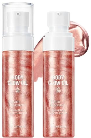 Body Glow Oil, SPF 30 Broad Spectrum Face Glow Pearl Highlighter Body Shimmer, Non-sticky Shimmer Sunscreen Shimmer Oil,Moisturizing and Lightweight(02 Rose Gold）