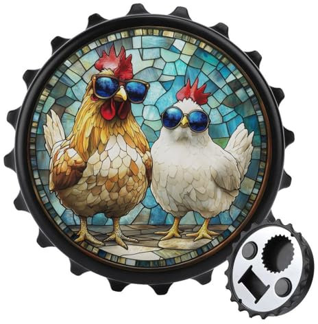 Abridor de botellas de vidrio azul pollo con diseño de vidrieras, imanes redondos para nevera, bebidas, cerveza, abrebotellas magnético para nevera, cocina, oficina