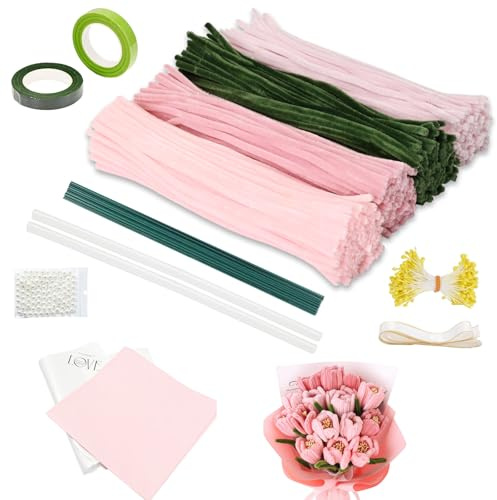Zylota 400 Stück Pfeifenreiniger Blumen Set,Rosa Tulip Bouquet Pfeifenreiniger Mit 20 Stück Grüne stöcke, Klebebandrollen, Klebestifte, Blumenstraußverpackungen, Bänder, Perlen,Blütenstempel etc
