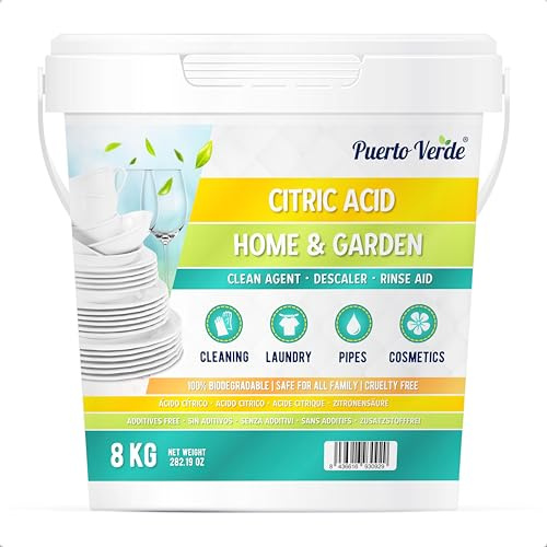 Puerto Verde • Acido Citrico 8 Kg. Acido Citrico Anidro in Polvere per Pulizia Naturale. Adatto per Lavatrice e Lavastoviglie. Sturalavandini, Lucidante, Cosmetici Fatti in Casa. Produzione Europea.