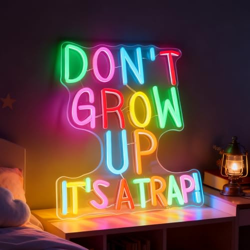 Dont Grow Up Its a Trap Neon Sign, Multi Color LED Text Accent USB Powered Decorative Neon Light for Bedroom Dorm Living Room Birthday Party Youth Fun Theme Wall Table Decor, 16.3 x 12.6 In
