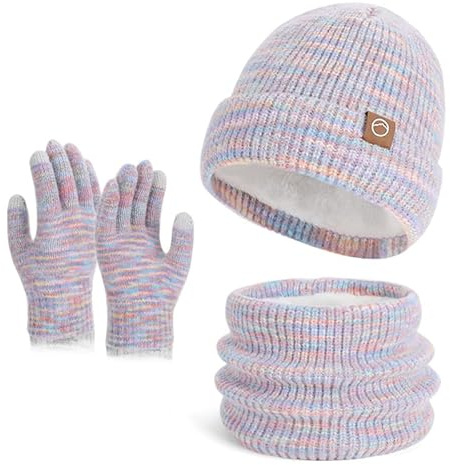 RunFar shop Mütze Damen Winte Thermo Strickmützen für Damen Warme Fleece Laufmütze Beanie Damenmütze Winter Winddichte Wintermütze Gefütterte mit Touchscreen Handschuhe loop Schal Set