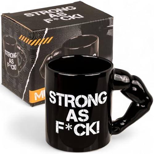 MIJOMA Becher Strong as F*CK mit Bizeps-Griff – schwarzer Kaffeebecher aus Steingut 350 ml – witzige Tasse für Männer & Frauen – originelles Geschenk