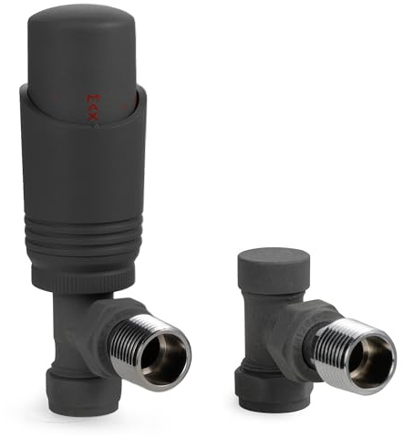 VANCOCO Anthracite Grey Angled Thermostatic Radiator Valve Set 1/2×15mm | TRV with Lockshield, H62 Brass, Energy Saving Design