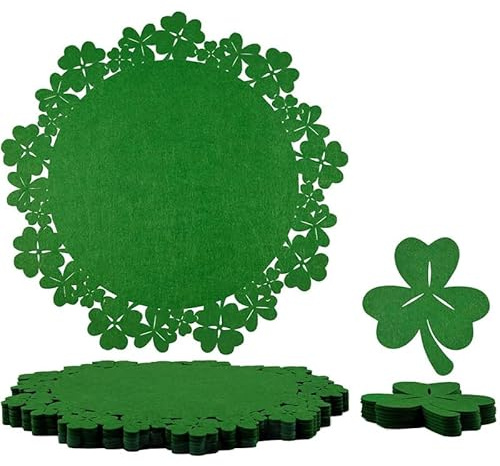Kleeblatt St. Patrick's Day Filz-Set: 6 Runde Tischsets (33cm) & 6 Blattförmige Untersetzer (12.7cm) - Öko Vliesstoff, Grün, Festliches Weihnachtsdeko für Tisch, Küche & Feiertage (Hellgrün)