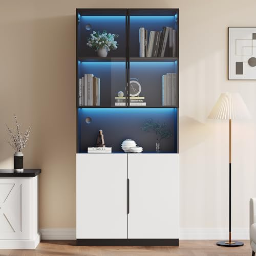 Merax Vitrinenschrank 200cm, Modern Glasvitrine Bücherschrank mit LED, Hochschrank Standvitrine mit Glastüren, Highboard Sammlervitrine mit 4 Türen, für Wohnzimmer Küche Esszimmer Büro, Schwarz & Weiß
