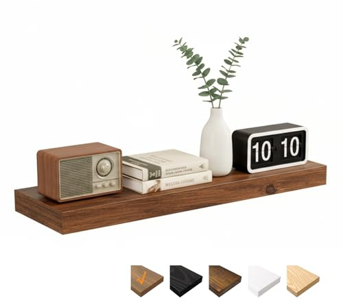 RICHER HOUSE valnöt vägghyllor, 80 x 23,5 x 3,8 cm väggbräda MDF-trä | Trähylla vägg med osynliga fästen, svävande hylla för sovrum, vardagsrum, badrum, kök, tvättstuga, kontor
