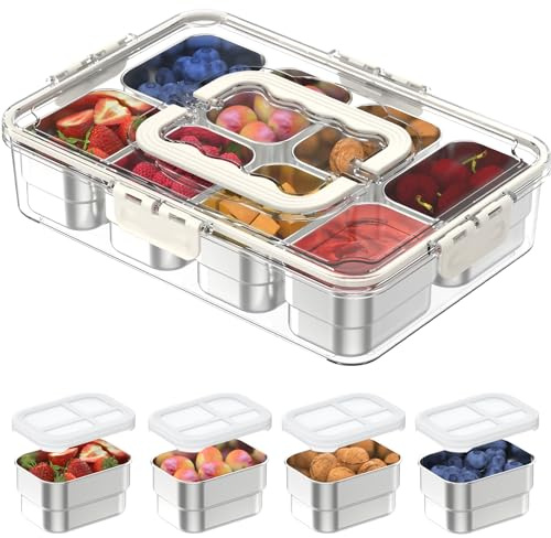 Snackle Box Container,8 Compartment Stainless Steel Food Storage with Silicone Lid & Handle,Clear Divided Fruit Nut Veggie Tray for Kitchen, Picnic, Party