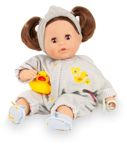 Götz 2616074 Cosy Aquini Little Duck Puppe 33 cm Badepuppe 7-TLG | für Kinder ab 3 Jahren, Babypuppe, Weichkörper, braune Schlafaugen, braune Haare, Schnuller und Badeente