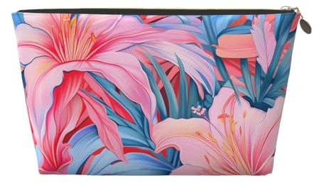 Makeup Bag Travel Toiletry Bag, Blue Pink Tropical Plant Flowers Large Capacity Cosmetic Bag for Women Girlfriend Toiletries Accessories
