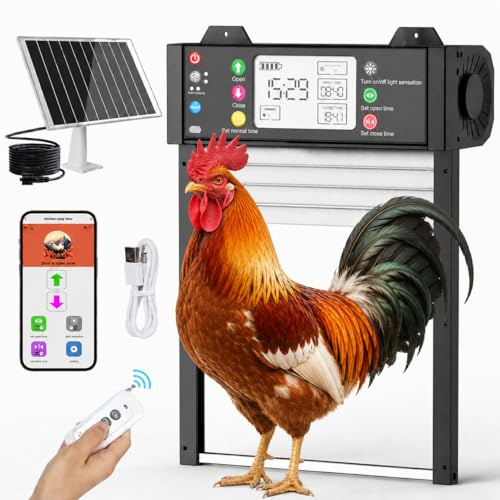Shinmax Solar Automatic Chicken Coop Hatch with WiFi App, Door Status | Electric Chicken Coop Door 4000mAh Rechargeable LCD Screen Anti-Pinch Sensor Light Timer Rolling Door