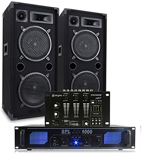 Max Dual 10 Passive DJ Speaker and Amplifier System with Skytec Mixer - Complete 1000W PA Sound Setup for Disco, Home DJ, Karaoke, Parties & Events