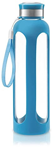 Swig Savvy Glass Water Bottle, Leakproof Lid, Silicone Sleeve, 20 oz (Blue)