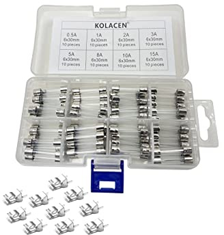 KOLACEN Quick Fast-Blow Glass Tube Fuse 6 x 30 mm Assorted Kit 0.5Amp 1Amp 2Amp 3Amp 5Amp 8Amp 10Amp 15Amp (Pack of 80) + 10 Pieces Fuse Clips Holder