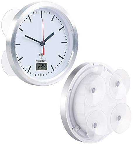 St. Leonhard Badezimmer-Funk-Wanduhr mit Thermometer & Saugnäpfen, Alu-Rahmen, IPX4 (Badezimmeruhr mit Saugnapf klein)