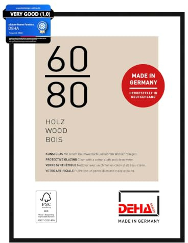 DEHA Design Holz Bilderrahmen Fontana, 60 x 80 cm, Schwarz | Holz Posterrahmen im Hoch- & Querformat zum Aufhängen Schwarz matt bruchsicheres Kunstglas