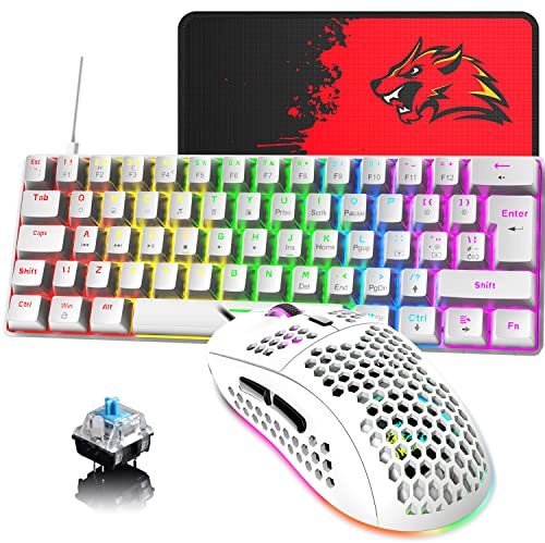 Teclado y ratón para juegos con cable de 60% con diseño del Reino Unido, 62 teclas, mini teclado mecánico compacto, retroiluminadas con arco iris, 6RGB retroiluminado 6400 DPI(interruptor blanco/azul)