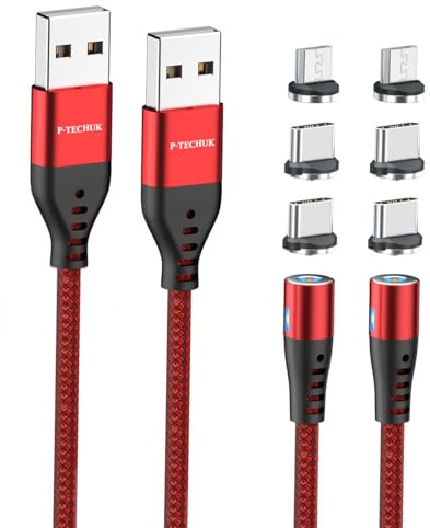 P-TECHUK Magnetic Charging Cable, Mobile Phone Charging Cable, Nylon Braided Magnetic charger cable. (2 x 1M cable, 6 tips) (Red)