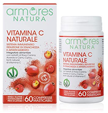 Armores Natura Integratori Alimentari, Vitamina C Naturale, Integratore a Base di Vitamina C da Acerola, Rosa Canina e Camu Camu, Aroma naturale Arancia, Vegano, 60 Compresse Masticabili