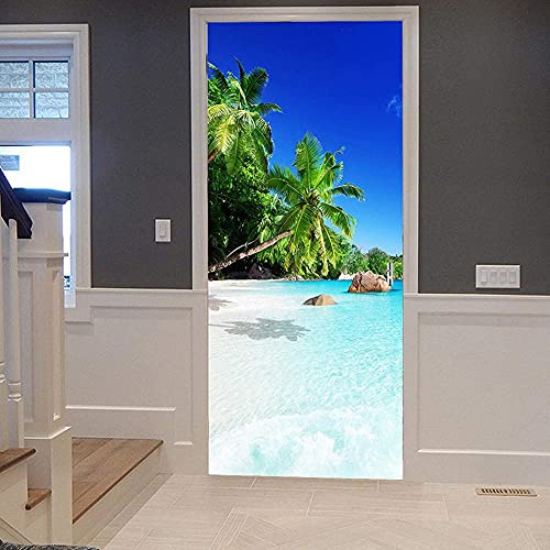 Türtapete Selbstklebend Türfolie Türposter 3D Kokosnussbaum Strand Blau Strand Auf Insel Tropischen PVC Türdeko Tapete Wandbild Türaufkleber Türtattoo Wasserdichte Tapete Wandbild 85 X 200 cm