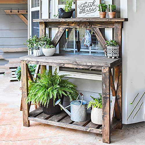 YYUN Garden Wooden Potting Bench Table Work Station Open Shelves Multi-Function Workbench Storage Shelf with Hook (Multiple Colour) (Color : Carbon Wood Color)
