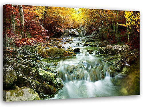 Feeby Wandbilder Bergbach Herbst Natur XXL 120x80 cm 1Teilig Wohnzimmer Schlafzimmer Bilder Vlies Leinwandbilder Bild auf Leinwand Modern Kunstdruck Wanddeko Design Fluss Kaskade Wald Wasser Grün