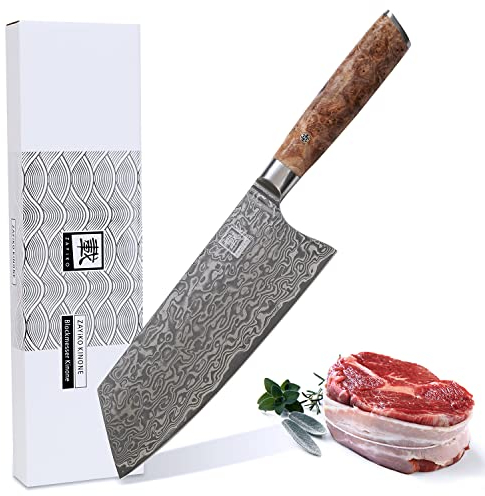 zayiko Kinone Premium Blockmesser Kiritsuke mit 20 cm Klinge gefertigt aus 67 Lagen echtem Damaststahl mit Wurzelholzgriff Birke I Damastmesser Küchenmesser und Profi Kochmesser
