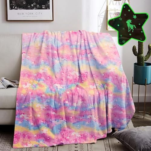 HZVRTN gosig filt barn enhörning/dinosaurie/rymdsfilt, gosig filt lyser i mörkret, varm filt fluffig present för pojkar flickor soffa barnfilt (enhörning B, 130 x 150 cm)