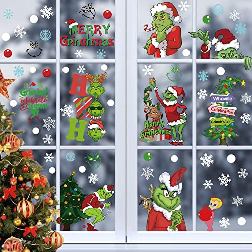 TBSCWYF Weihnachtsaufkleber Grinch Fensteraufkleber Doppelseitig Schneeflocken Aufkleber Fensterbilder Weihnachten Selbstklebend für Zuhause Schule Party Fensterdeko Winter Deko Weihnachtsdeko 9 Blatt